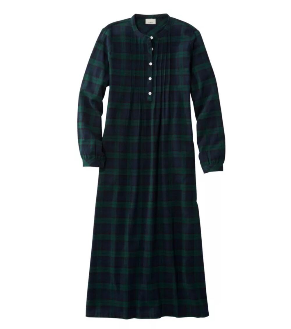 L.L. Bean Green Blue Tartan Scotch Plaid Flannel Henley Pintuck Nightgown Large